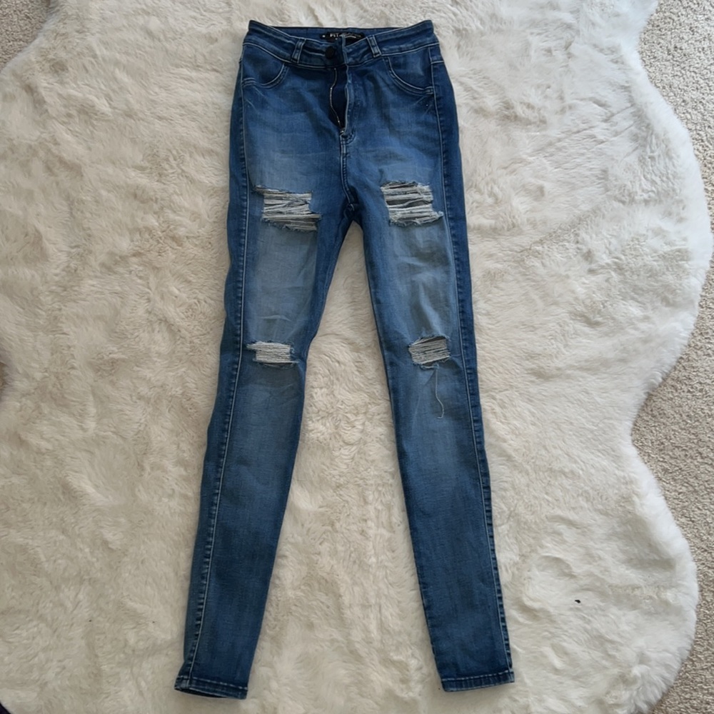 Womens Regular 4 Hole Ripped High Waisted Fitjeans - Sapphire Blue